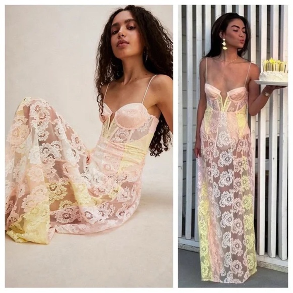 For Love & Lemons Blossom Sorbet Bodysuit Lace Maxi Dress NWT